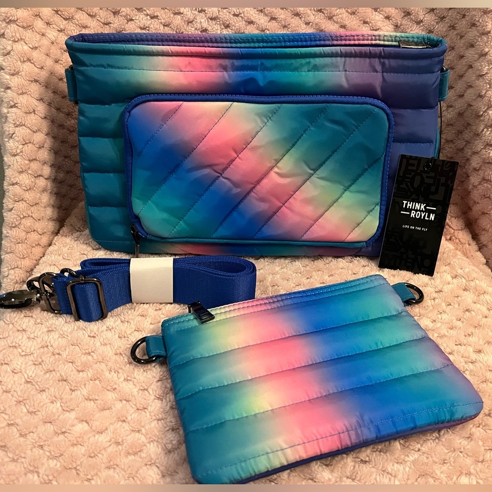 THINK ROYLN Blue Pink Purple Quilted Bag with little bag NWT